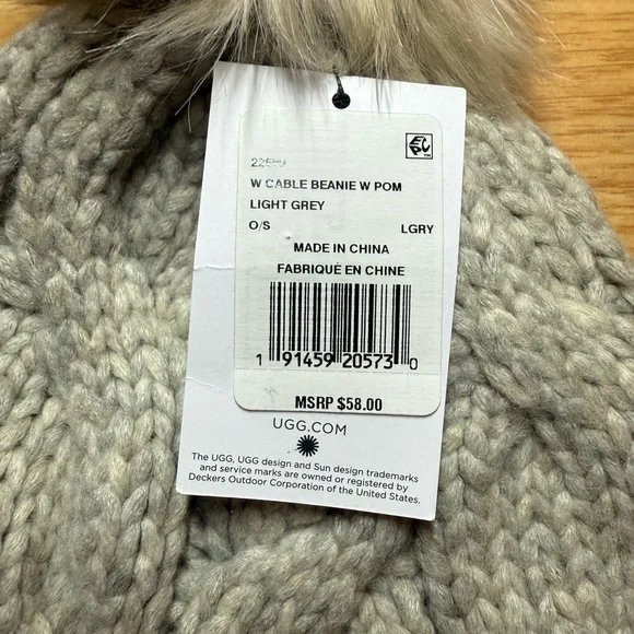 UGG Light Gray Cable Knit Beanie with Pom - Picture 2 of 5